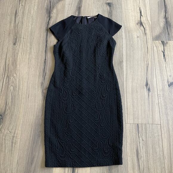 Tory Burch Kiersten Body-Con Dress Size Medium Black Jacquard Cap Sleeve - Picture 3 of 11